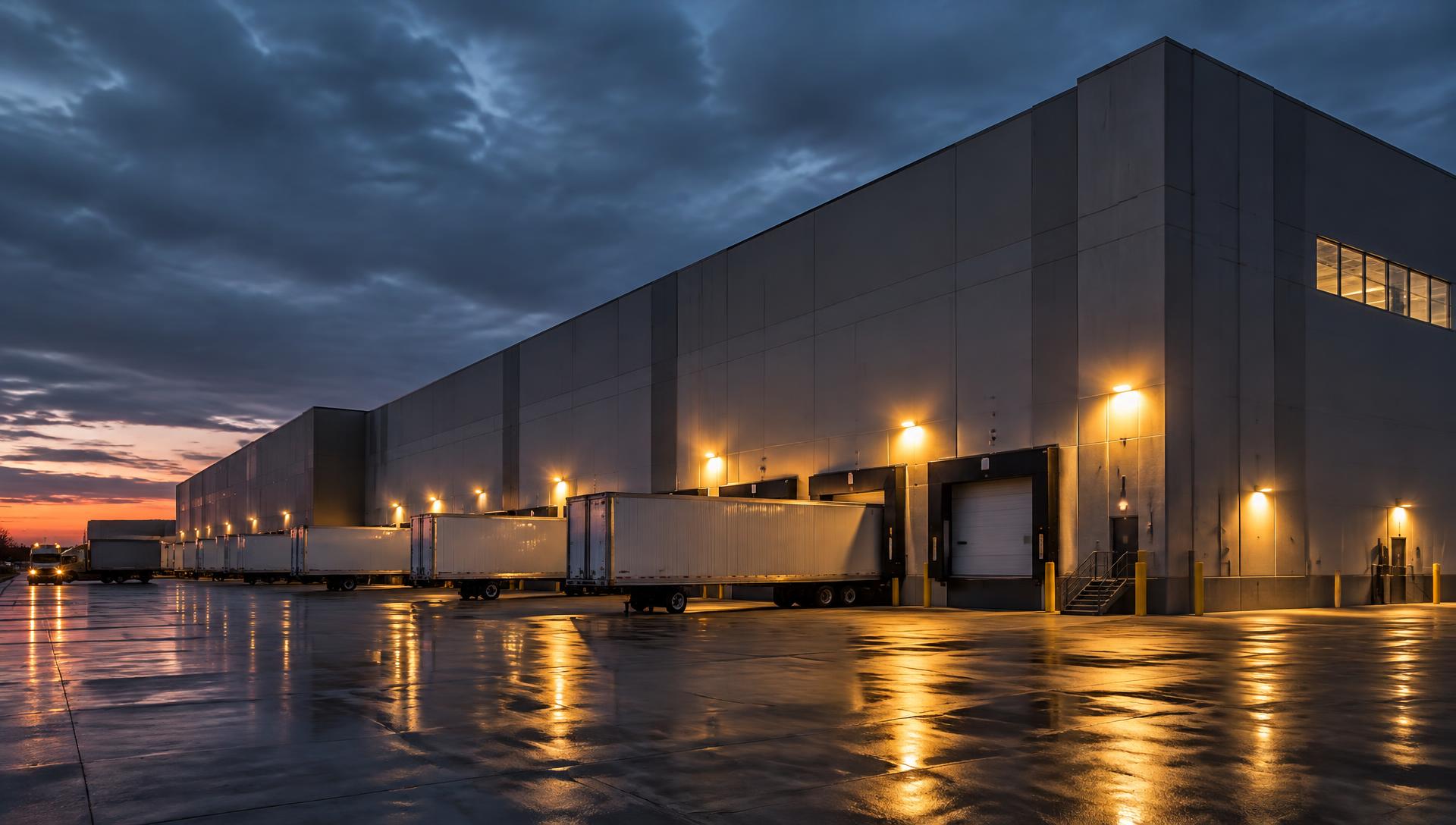 Modern GTA distribution warehouse with loading docks at dusk